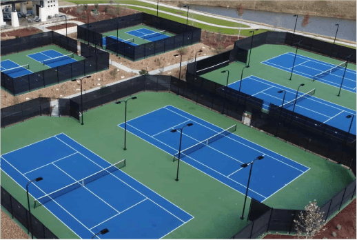 Community pickleball and tennis courts with weather-resistant surfacing and professional-grade net systems.